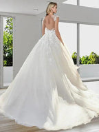 Long A-Line Jewel Neck Sweep Brush Train Lace Tulle Backess Wedding Dresses by BIZTUNNEL