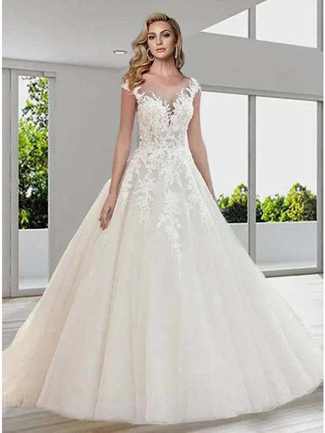 Long A-Line Jewel Neck Sweep Brush Train Lace Tulle Backess Wedding Dresses by BIZTUNNEL