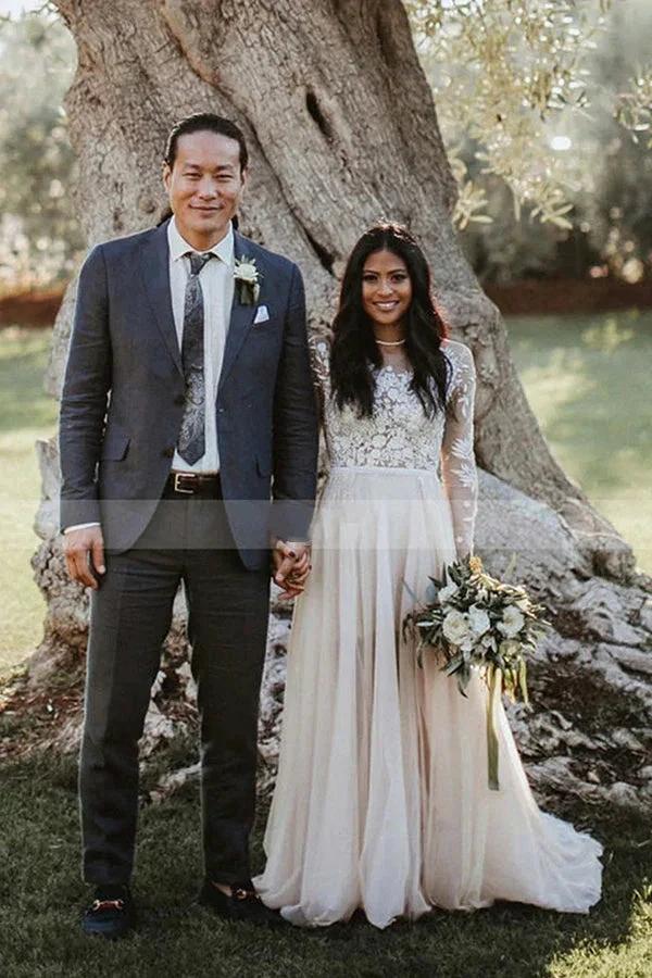 Long A-line Lace Scoop Neck Tulle Wedding Dress with Sleeves by BIZTUNNEL