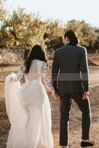 Long A-line Lace Scoop Neck Tulle Wedding Dress with Sleeves by BIZTUNNEL