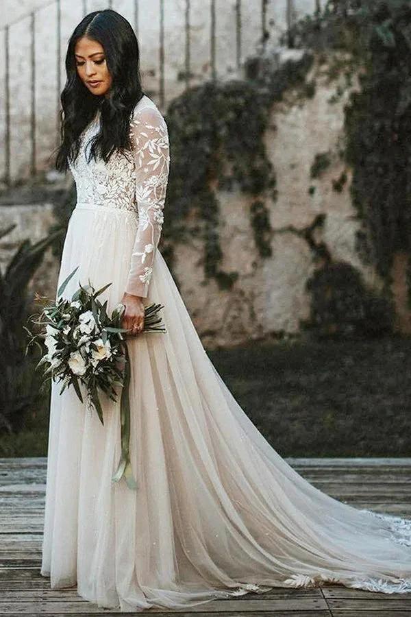 Long A-line Lace Scoop Neck Tulle Wedding Dress with Sleeves by BIZTUNNEL