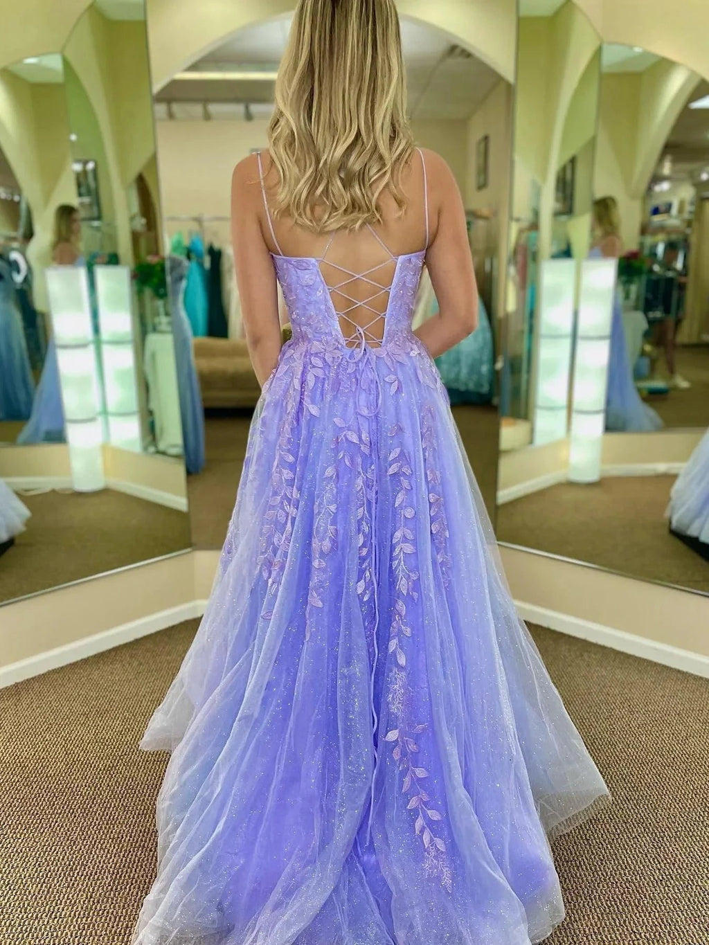 Long A-line Lace Tulle Backless Prom Dresses Purple Formal Evening Dresses by BIZTUNNEL
