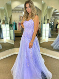 Long A-line Lace Tulle Backless Prom Dresses Purple Formal Evening Dresses by BIZTUNNEL