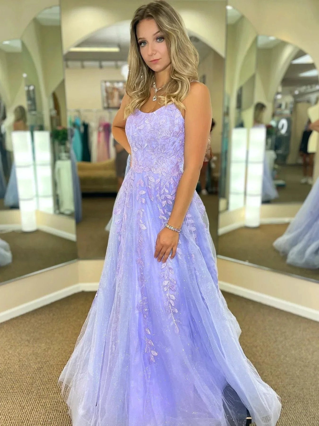 Long A-line Lace Tulle Backless Prom Dresses Purple Formal Evening Dresses by BIZTUNNEL