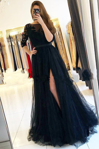 Vestido de fiesta negro largo de tul con encaje y abertura frontal en forma de A con mangas