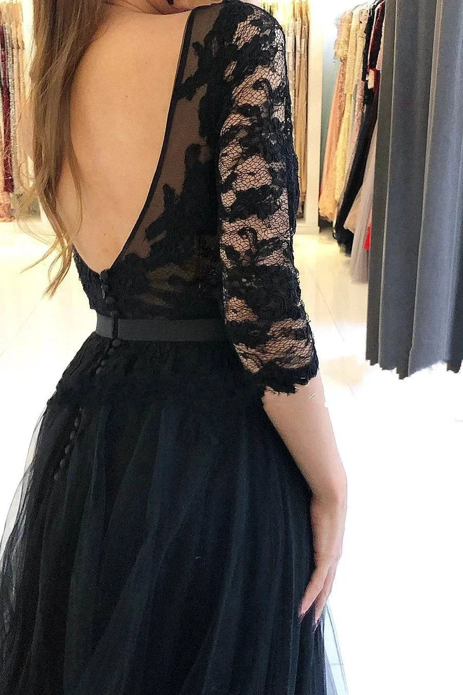 Long A-Line Lace Tulle Front Slit Black Prom Dress With Sleeves by BIZTUNNEL
