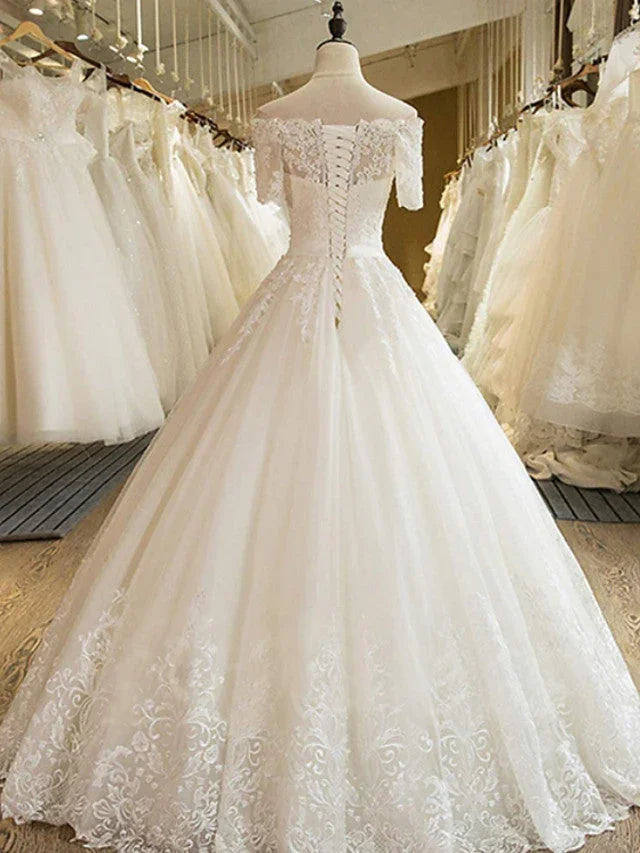 Long A-line Off Shoulder Court Train Lace Tulle Wedding Dresses with Sleeves by BIZTUNNEL