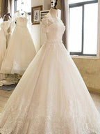 Long A-line Off Shoulder Court Train Lace Tulle Wedding Dresses with Sleeves by BIZTUNNEL