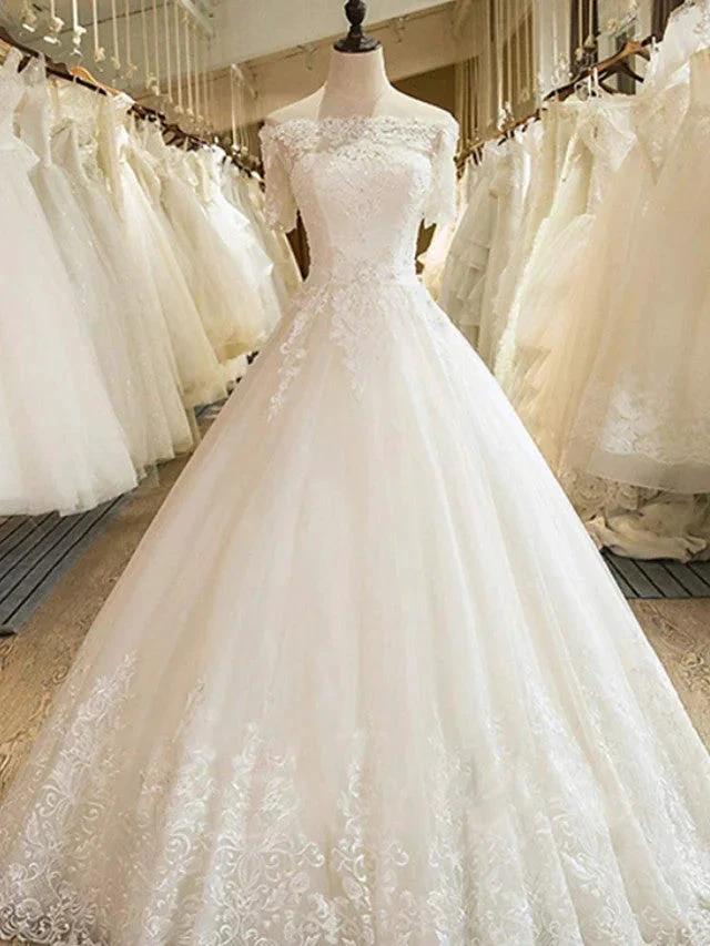 Long A-line Off Shoulder Court Train Lace Tulle Wedding Dresses with Sleeves by BIZTUNNEL