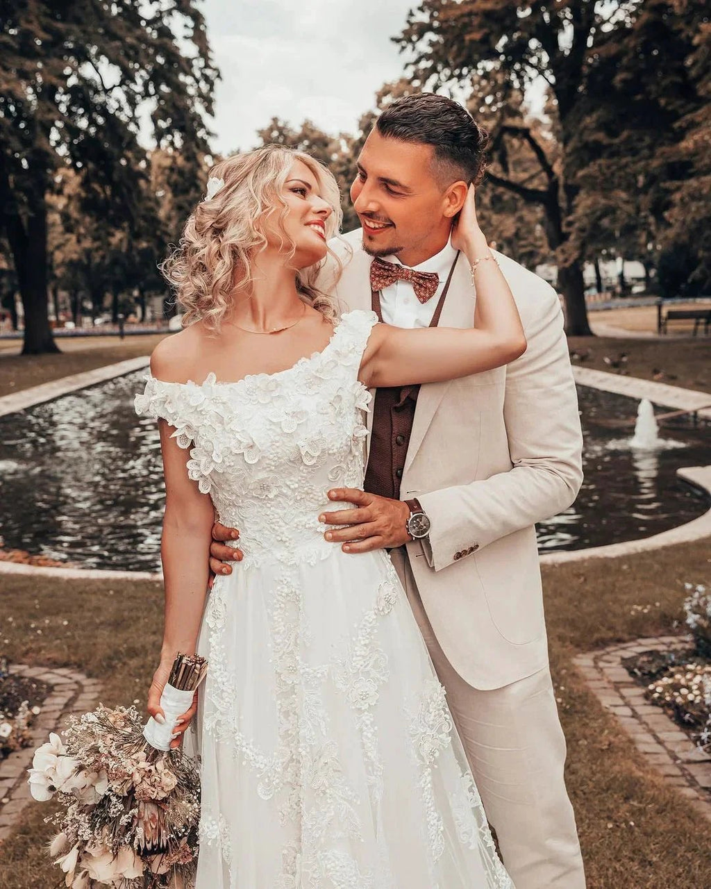 Long A-line Off-the-shoulder 3D Flroal Wedding Dress with Lace Appliques by BIZTUNNEL