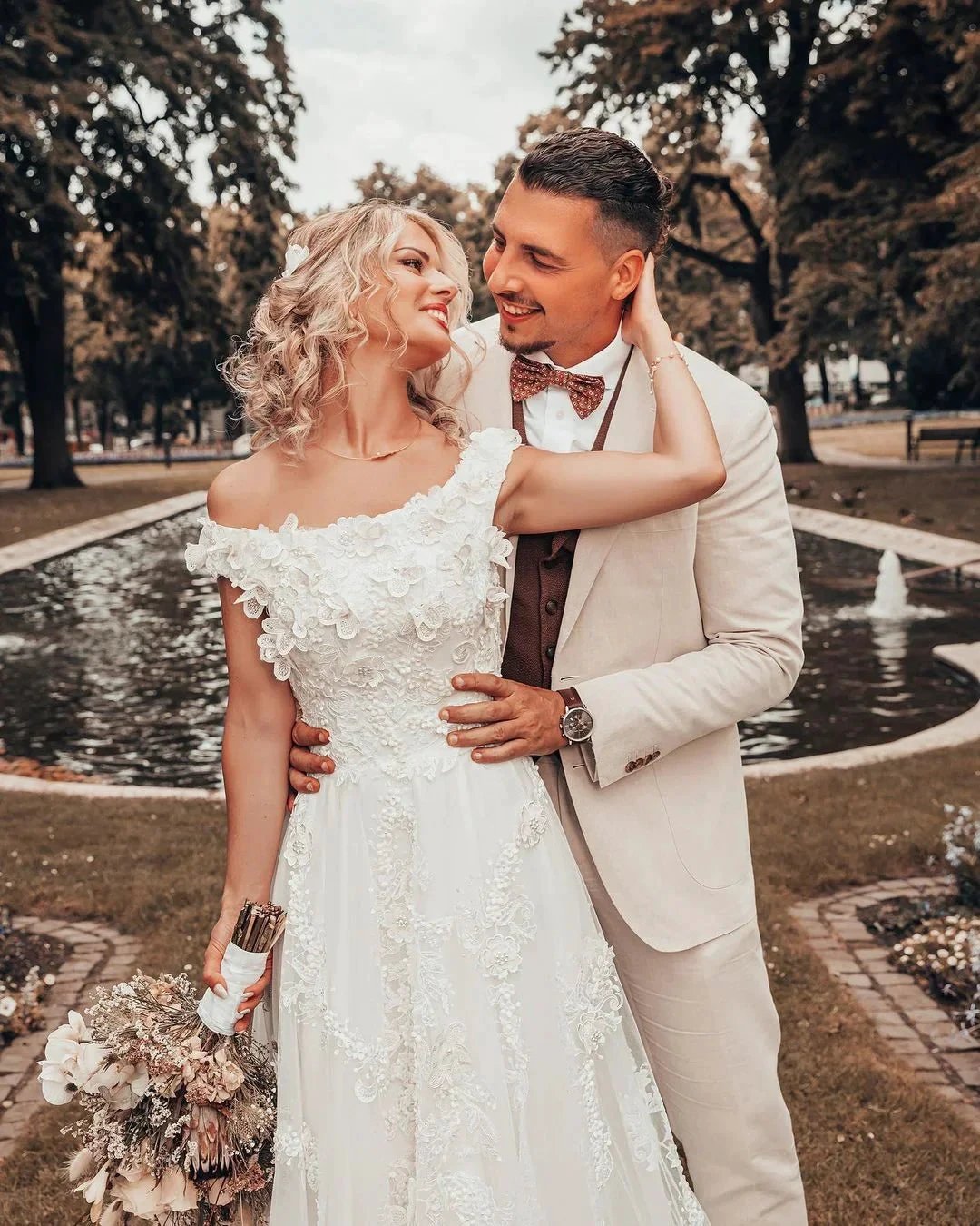 Long A-line Off-the-shoulder 3D Flroal Wedding Dress with Lace Appliques by BIZTUNNEL