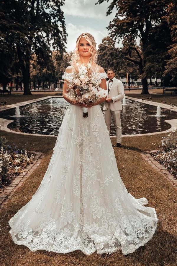 Long A-line Off-the-shoulder 3D Flroal Wedding Dress with Lace Appliques by BIZTUNNEL