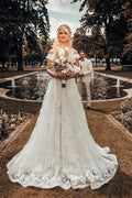 Long A-line Off-the-shoulder 3D Flroal Wedding Dress with Lace Appliques by BIZTUNNEL