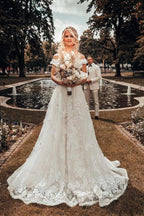 Long A-line Off-the-shoulder 3D Flroal Wedding Dress with Lace Appliques by BIZTUNNEL