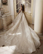 Long A-Line Off-the-Shoulder Appliques Lace Wedding Dress by BIZTUNNEL