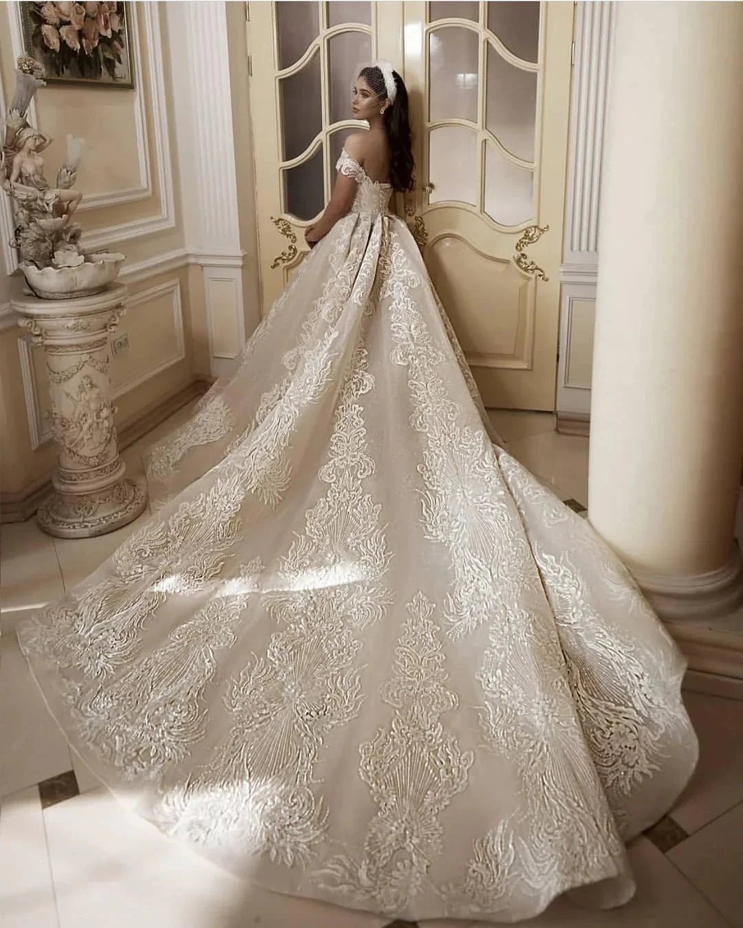 Long A-Line Off-the-Shoulder Appliques Lace Wedding Dress by BIZTUNNEL