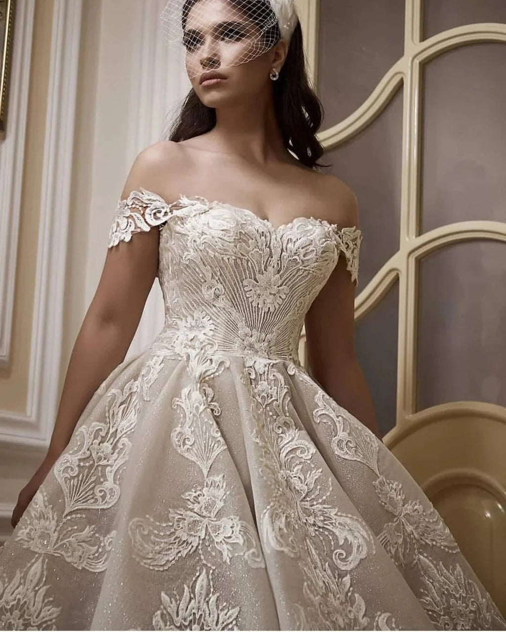Long A-Line Off-the-Shoulder Appliques Lace Wedding Dress by BIZTUNNEL