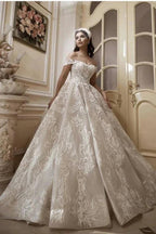 Long A-Line Off-the-Shoulder Appliques Lace Wedding Dress by BIZTUNNEL