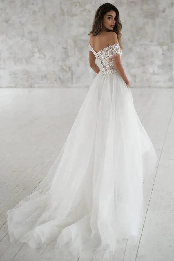Long A-line Off the Shoulder Appliques Tulle Wedding Dress with Sleeves by BIZTUNNEL
