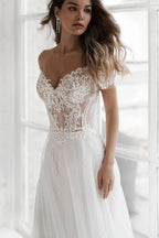 Long A-line Off the Shoulder Appliques Tulle Wedding Dress with Sleeves by BIZTUNNEL