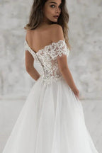 Long A-line Off the Shoulder Appliques Tulle Wedding Dress with Sleeves by BIZTUNNEL