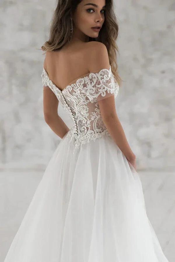 Long A-line Off the Shoulder Appliques Tulle Wedding Dress with Sleeves by BIZTUNNEL