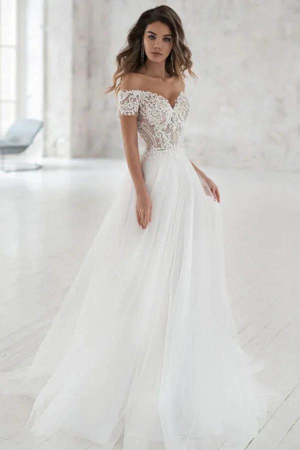 Long A-line Off the Shoulder Appliques Tulle Wedding Dress with Sleeves by BIZTUNNEL