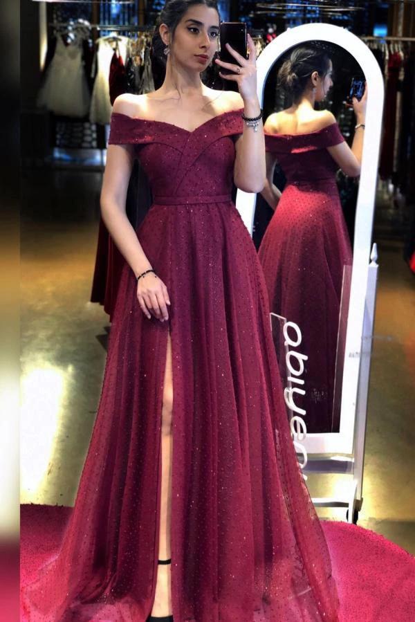 Long A-line Off-the-shoulder Backless Sequins Tulle Prom Dress with Slit by BIZTUNNEL