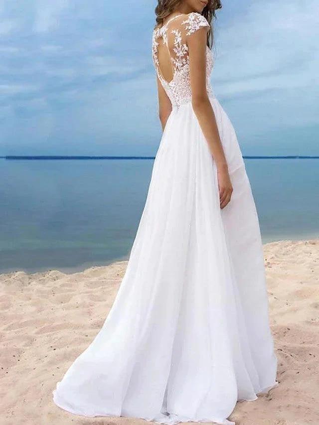 Long A-Line Off the Shoulder Chiffon Backless Wedding Dresses with Slit by BIZTUNNEL