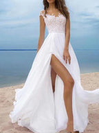 Long A-Line Off the Shoulder Chiffon Backless Wedding Dresses with Slit by BIZTUNNEL