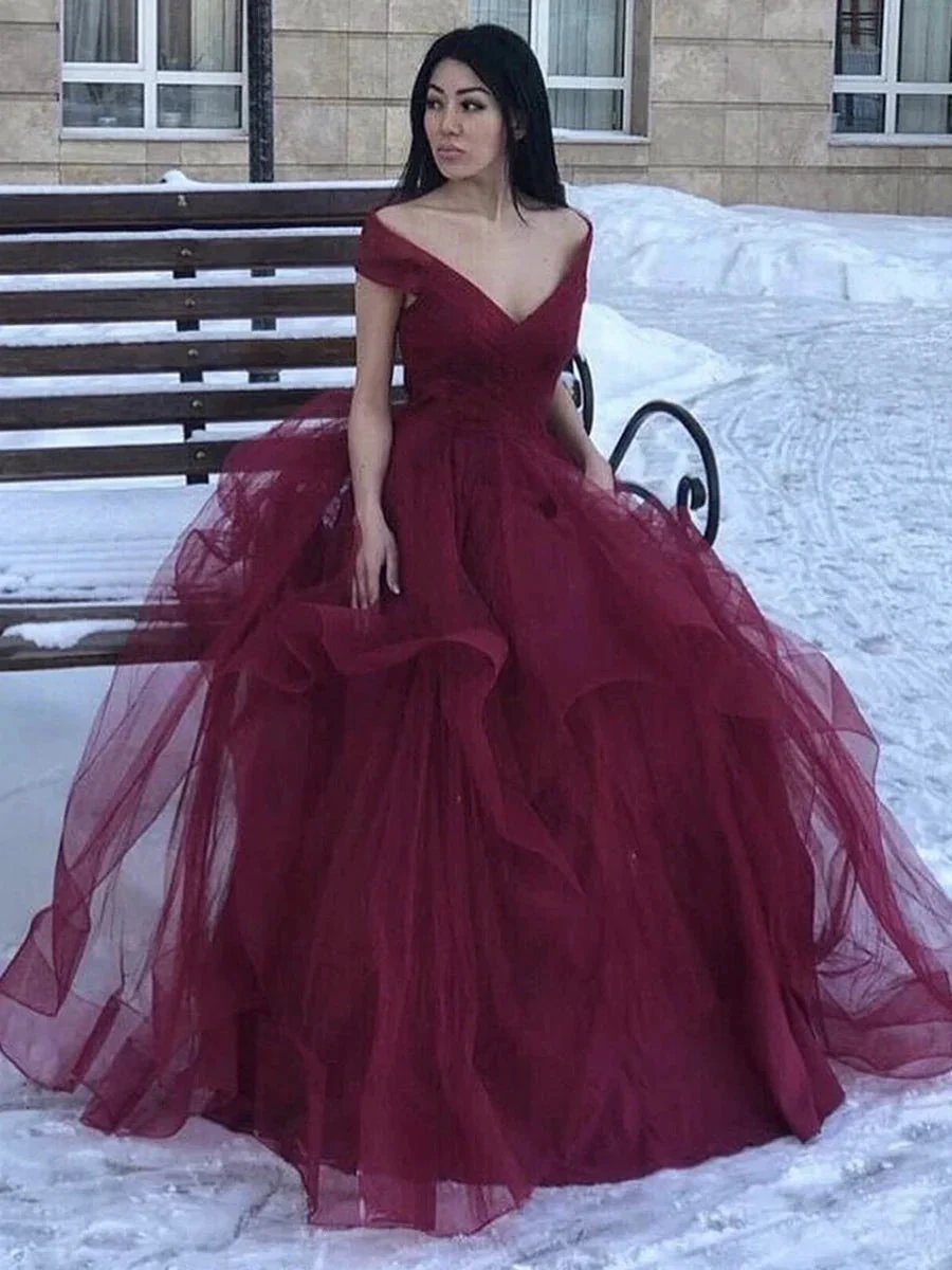 Long A-line Off the Shoulder Fluffy Tulle V Neck Prom Formal Evening Dresses by BIZTUNNEL