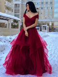 Long A-line Off the Shoulder Fluffy Tulle V Neck Prom Formal Evening Dresses by BIZTUNNEL