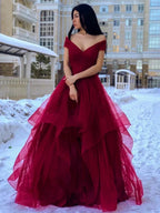 Long A-line Off the Shoulder Fluffy Tulle V Neck Prom Formal Evening Dresses by BIZTUNNEL