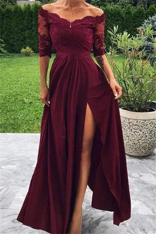 Long A-line Off-the-shoulder Front Slit Burgundy Prom Dress with Sleeves by BIZTUNNEL