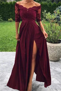 Long A-line Off-the-shoulder Front Slit Burgundy Prom Dress with Sleeves by BIZTUNNEL