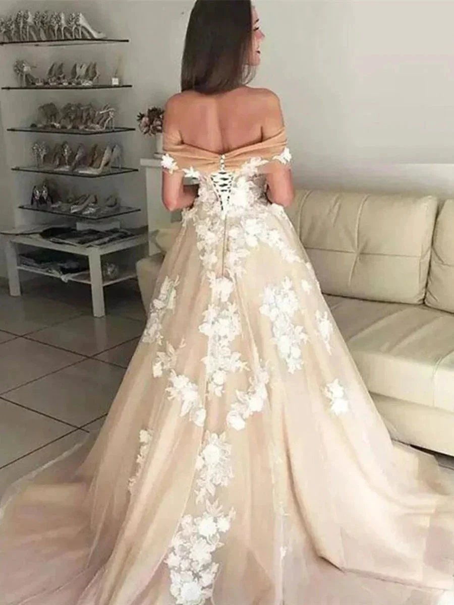 Long A-line Off the Shoulder Lace Appliques Prom Formal Evening Dresses by BIZTUNNEL