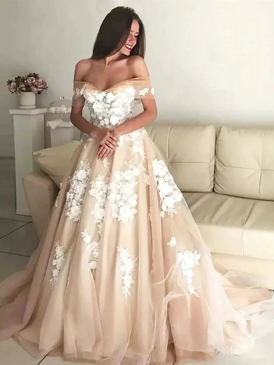 Long A-line Off the Shoulder Lace Appliques Prom Formal Evening Dresses by BIZTUNNEL
