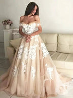 Long A-line Off the Shoulder Lace Appliques Prom Formal Evening Dresses by BIZTUNNEL