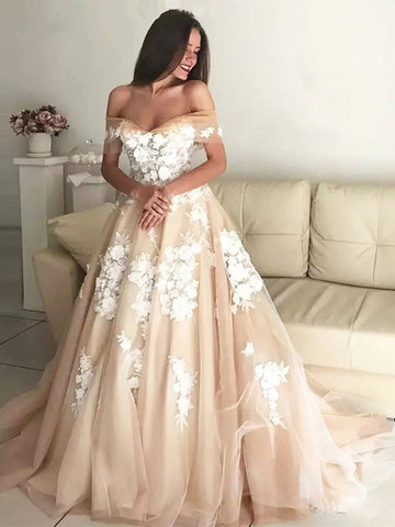 Vestidos de noche formales de graduación con apliques de encaje y hombros descubiertos de corte A largo