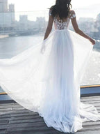 Long A-Line Off the Shoulder Lace Chiffon Wedding Dresses with Sleeves by BIZTUNNEL