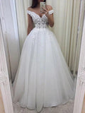 Long A-Line Off the Shoulder Lace Tulle Wedding Dresses by BIZTUNNEL