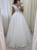 Long A-Line Off the Shoulder Lace Tulle Wedding Dresses by BIZTUNNEL