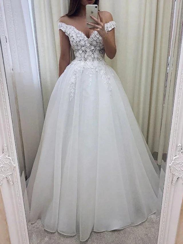 Long A-Line Off the Shoulder Lace Tulle Wedding Dresses by BIZTUNNEL