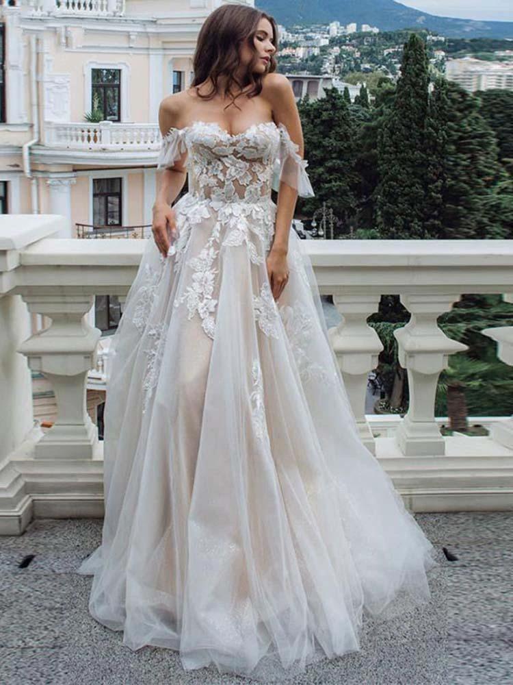 Long A-Line Off-the-Shoulder Lace Tulle Wedding Dresses by BIZTUNNEL