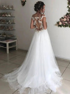 Long A-line Off the Shoulder Round Neck Tulle Lace Wedding Dresses by BIZTUNNEL