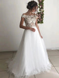 Long A-line Off the Shoulder Round Neck Tulle Lace Wedding Dresses by BIZTUNNEL
