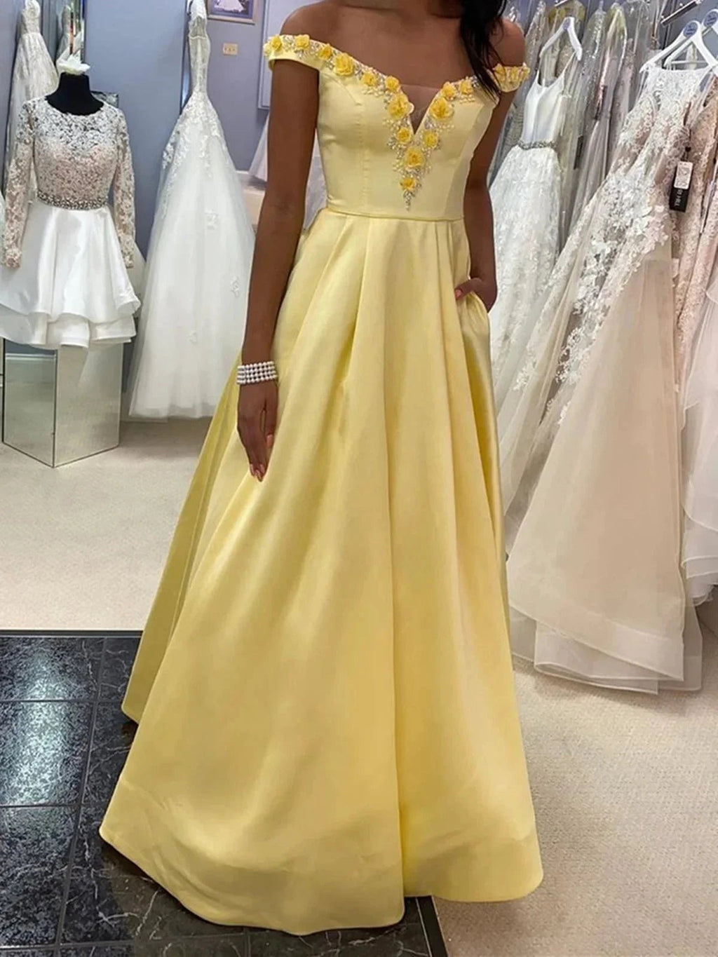 Long A-line Off the Shoulder Satin Formal Prom Dresses with Pockets (ZD02920)