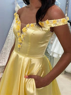 Long A-line Off the Shoulder Satin Formal Prom Dresses with Pockets (ZD02920)