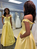 Long A-line Off the Shoulder Satin Formal Prom Dresses with Pockets (ZD02920)