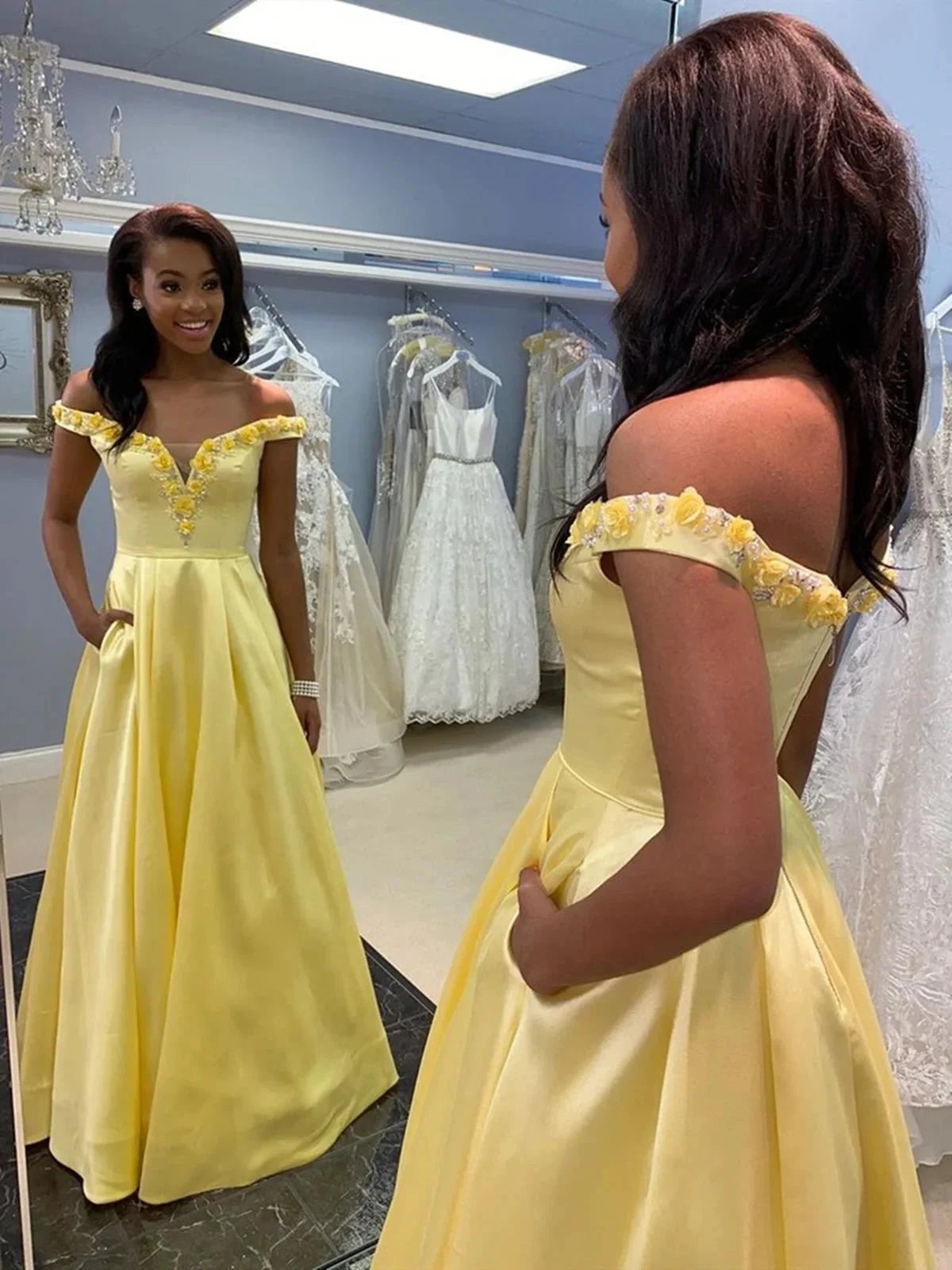 Long A-line Off the Shoulder Satin Formal Prom Dresses with Pockets (ZD02920)